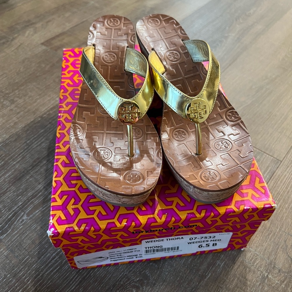 Gold wedge thora flip flop style wedge